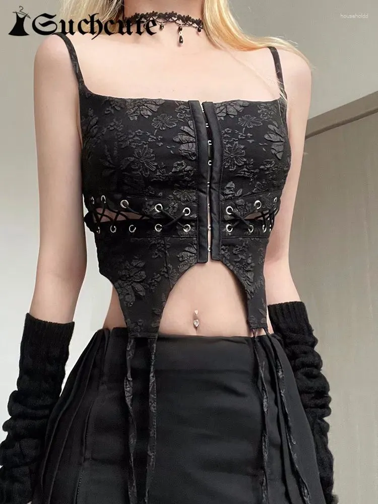 Kvinnors tankar Suchcute Gothic Lace Tie-up Corset Crop Topps Women Dark Academic Hook Patch Tank Top Sexig Fairycore Streetwear Punk Slim