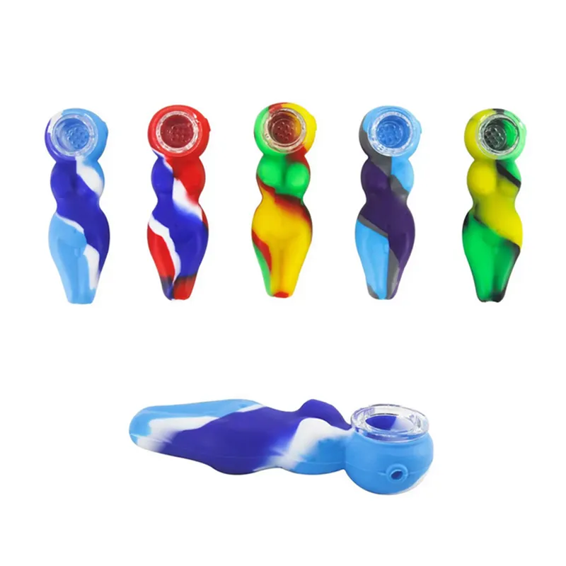 4.1inches colorful naked female silicone pipe with glass bowl Food grade silica gel dry herb tobacco oil burner smoking hand pipes