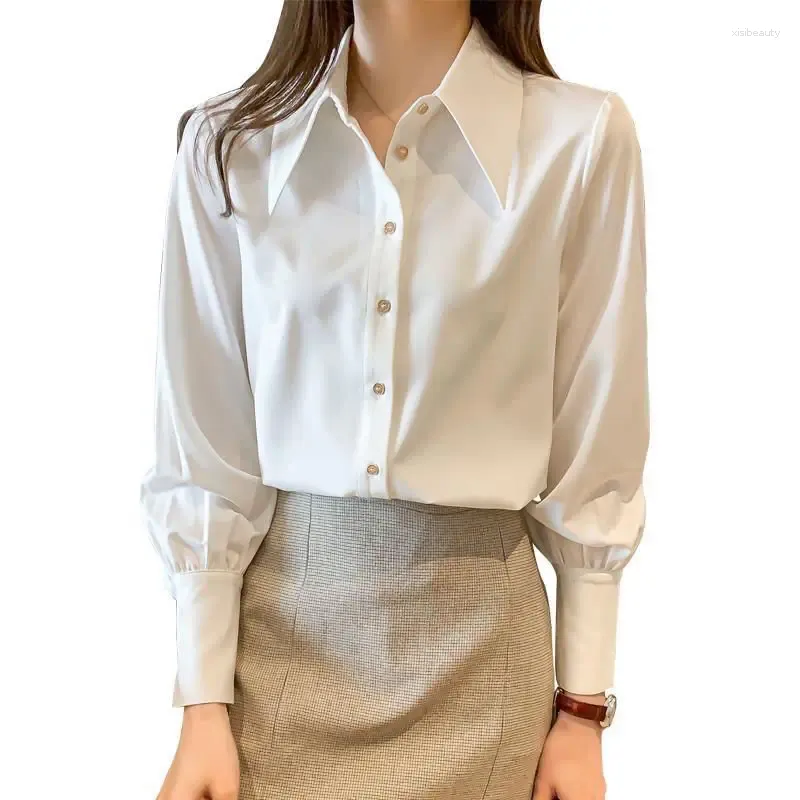 Women's Blouses White Ladies Business Casual Long Sleeve Spring Autumn Interior Lapping Turn-down Collar Tops 2024 Clothing