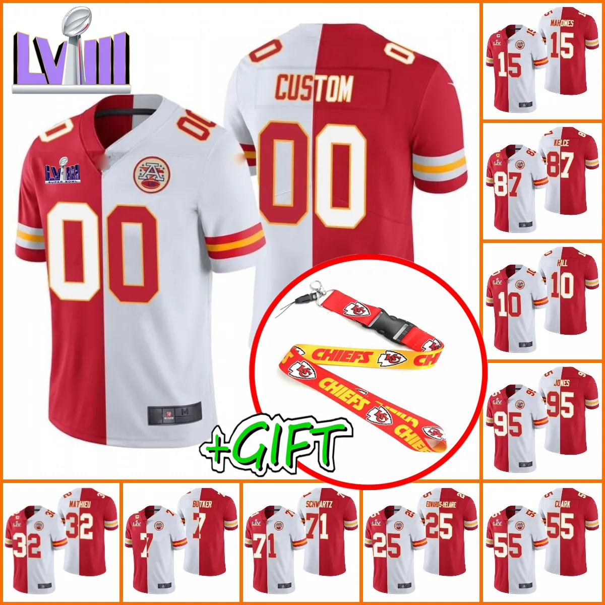 Jersey de futebol personalizada KansascityChiefsmen Mulheres jovens 15 Patrick Mahomes 87 Travis Kelce Split Vapor Limited Red White Spliced Jerseys Jersey