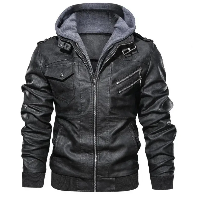 Herenmode PU-leren jas met afneembare capuchon voor herfst en winter Klassieke zwarte biker 240125