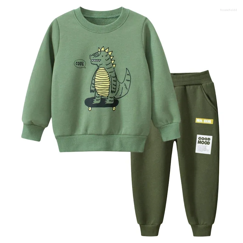 Clothing Sets 2024 Winter Velvet Warm Tracksuit For Boys Cartoon Dinosaur Long Sleeve Sweatshirt Letter Pants Children's Set Kids Outfit