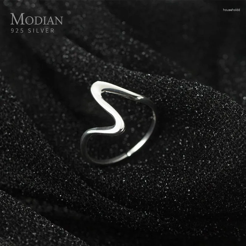 Anéis de cluster Modian 925 Sterling Silver Geometric Wave Electrocardiograma Anel para Mulheres Tamanho Livre Estilo Japonês Fine Jewely Bijoux