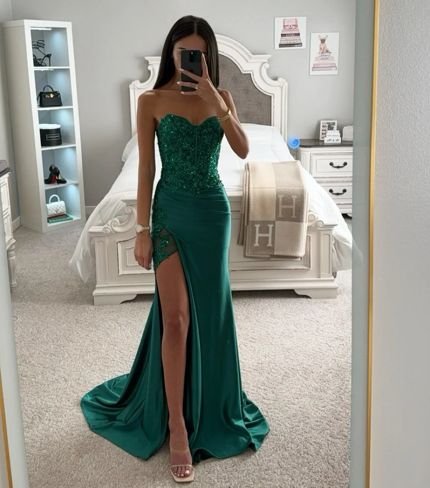 slim fit dress slacks Emerald Green Mermaid Satin Cheap Prom Dresses Beaded Spaghetti Strap 24070