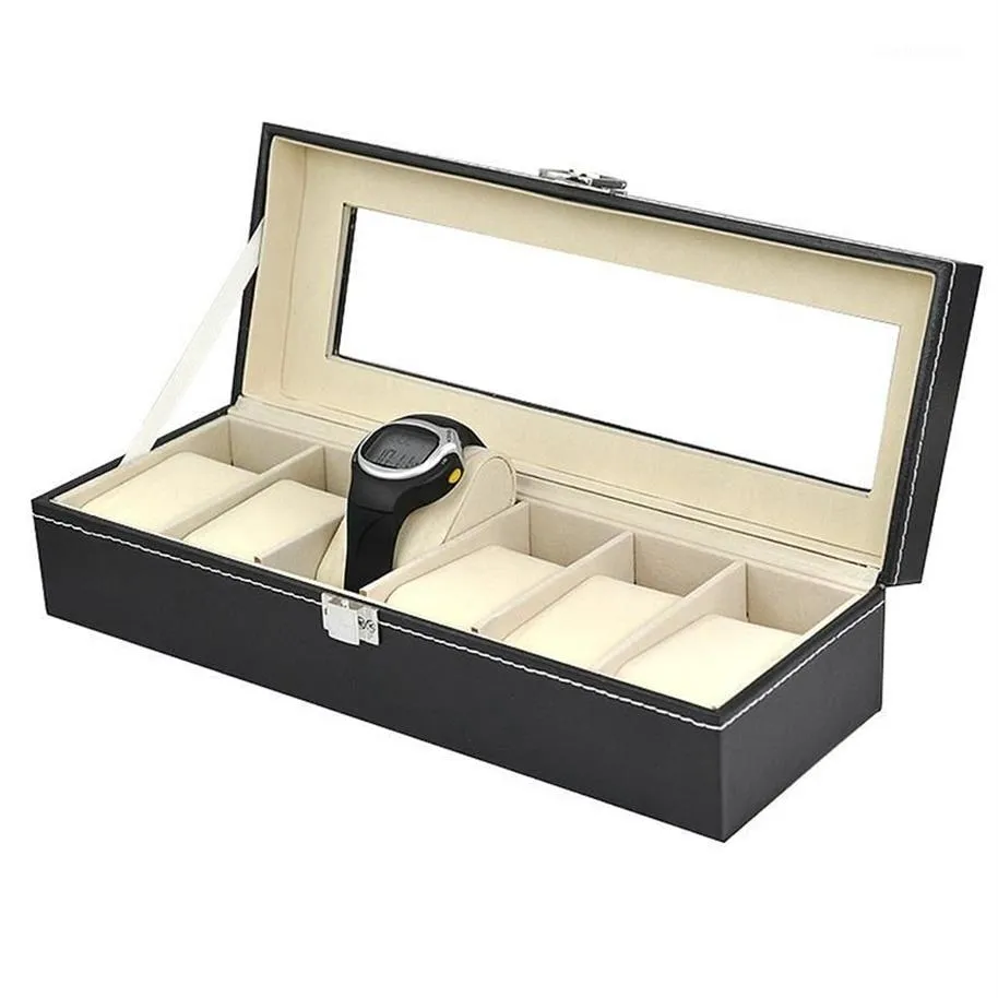 Boîtes à montres en Faux cuir, présentoir à 6 grilles, boîtier de rangement noir, organisateur 1246a