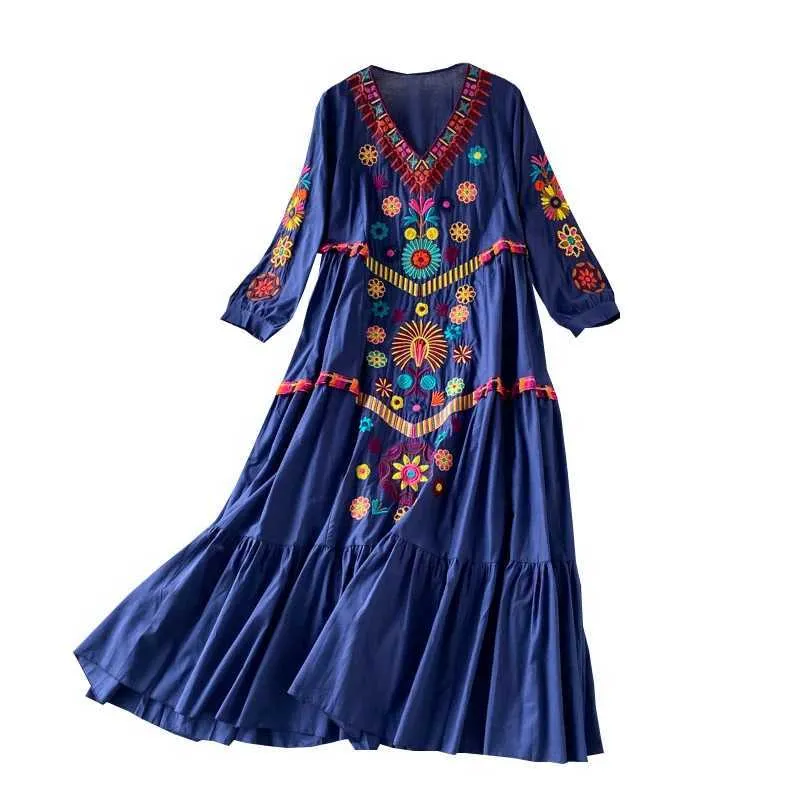 Basic Casual Dresses Retro chic women's floral embroidery beach bohemian mini dress women's short sleeved V-neck cotton linen bohemian dress Vestido J240130