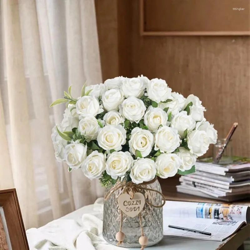 Декоративные цветы Искусственный цветок Десять головок Шелковый комплект белой розы Альбом для вырезок Рождественская свадьба Открытый сад Вечеринка Семейная комната Ваза