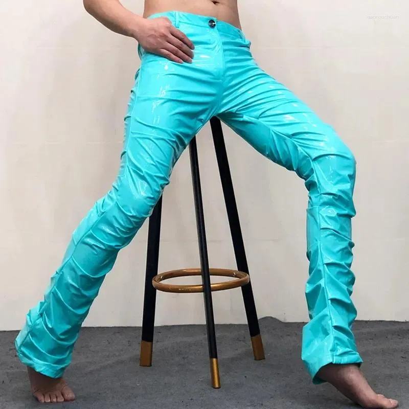 Męskie szorty męskie kostiumy pu flare spodni nocny klub uliczny shinny seksowna skóra Erkek Pantolon Sky Blue plisted spodni