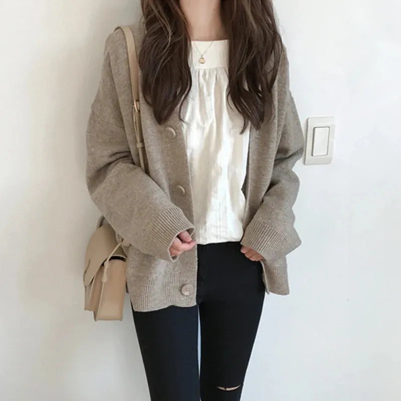 Grey Knit Cardigan Women Long Sleeve V-Neck Button Up Plain Sweater Ladies Fall Winter Casual Outfit 240131