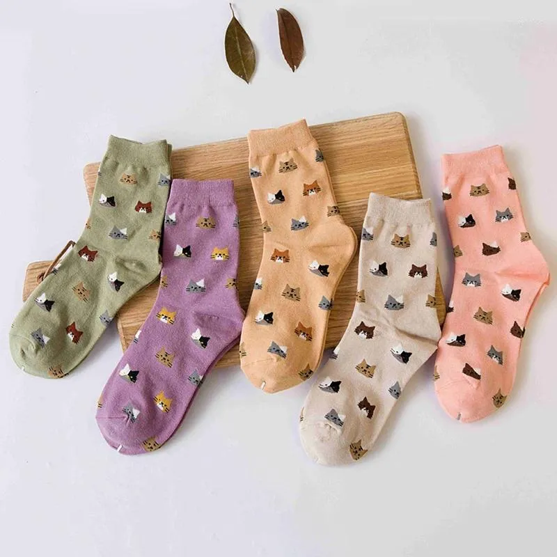 Women Socks 5 Colors Female Cat Cat Vintage Harajuku Korea Japanese Cotton Funny Sock For Autumn Winter Mujer Sokken