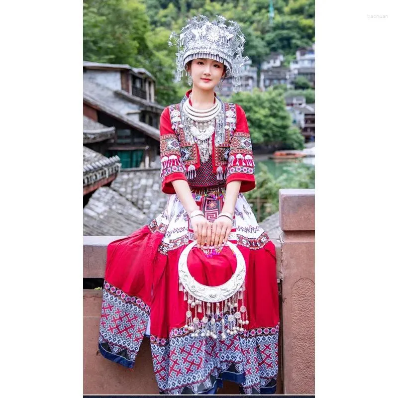 Stage Wear Chinês Miao Dança Vestido Mulheres Vermelho Hmong Folk