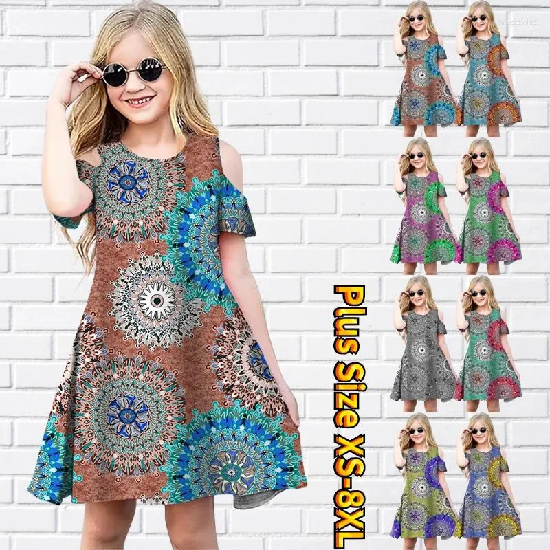 Girl Dresses 2024 Casual Girl's A-Line Dress With Classic Printing Design Trendy Short Sleeve Midi Summer Pick Chic Swing