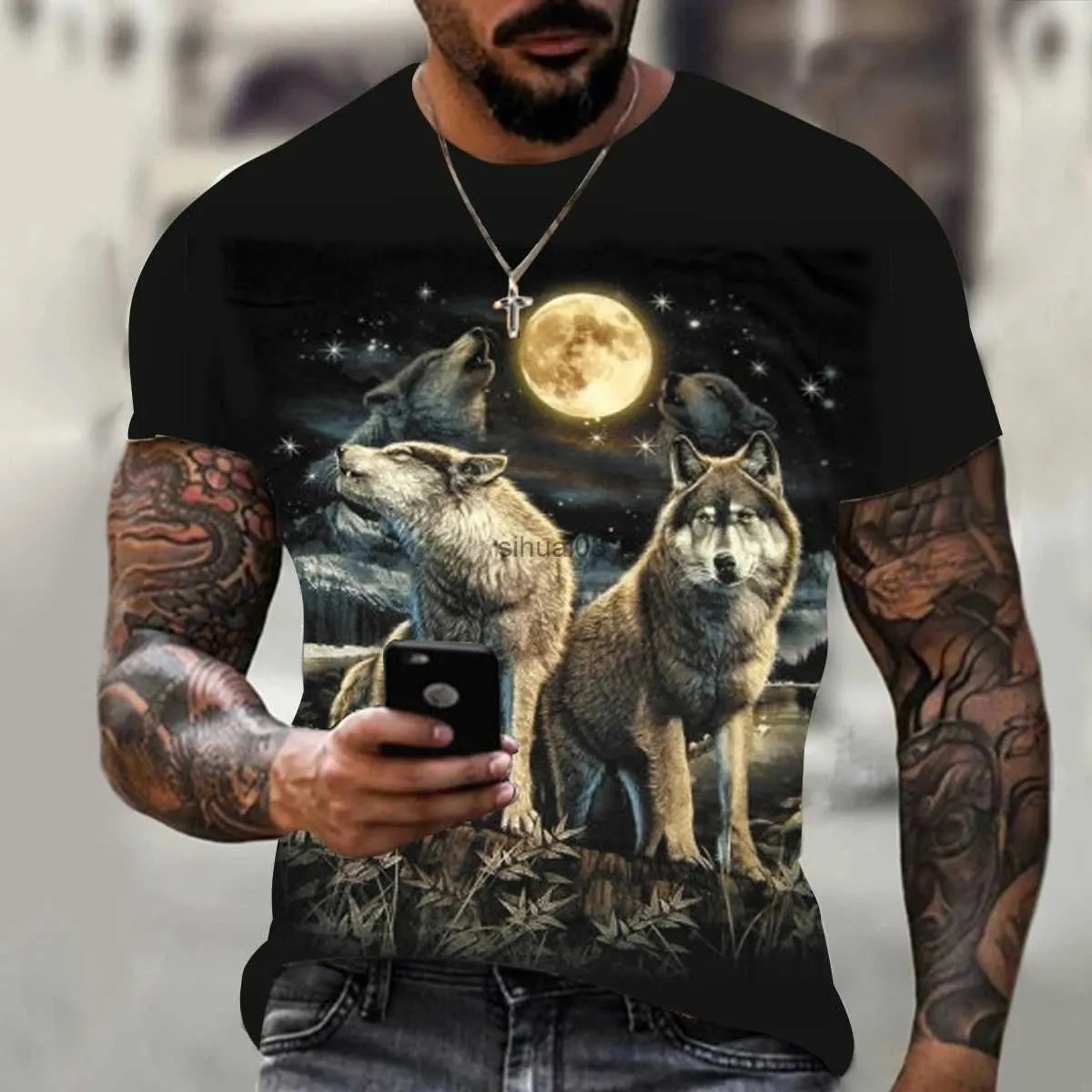 T-shirts pour hommes Animal Wolf T-shirt pour hommes 3D imprimé été noir col rond lâche manches courtes streetwear surdimensionné t-shirts hauts décontractés t-shirts