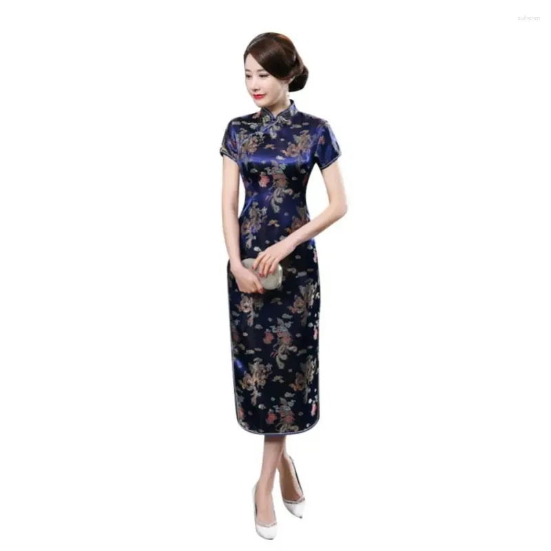 Etniska kläder traditionella kinesiska kvinnor långa cheongsam brudtärna kort ärm aftonklänning elegant qipao