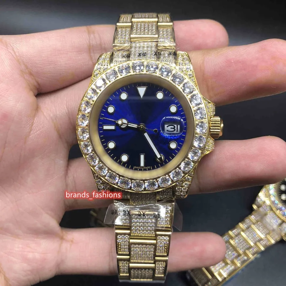 Erkekler Ice Diamond Watch Altın Paslanmaz Çelik Kılıf Saatleri Otomatik Mekanik Bileklik272H