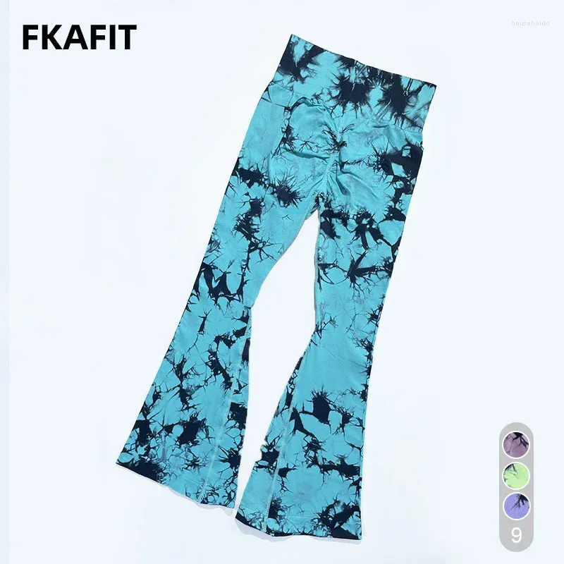 Active Pants Yoga Trendy Tie Dye Flare Leg Sports Wide Waistband Seamless Leggings Women