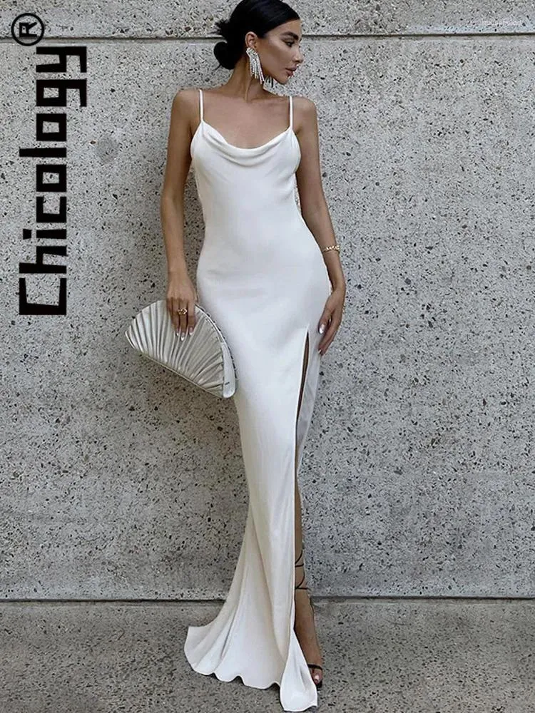 Casual Dresses Chicology 2024 Women Backless Slit Strap Bodycon Maxi Dress White Elegant Festival Evening Party Wedding Prom Birthday Outfit