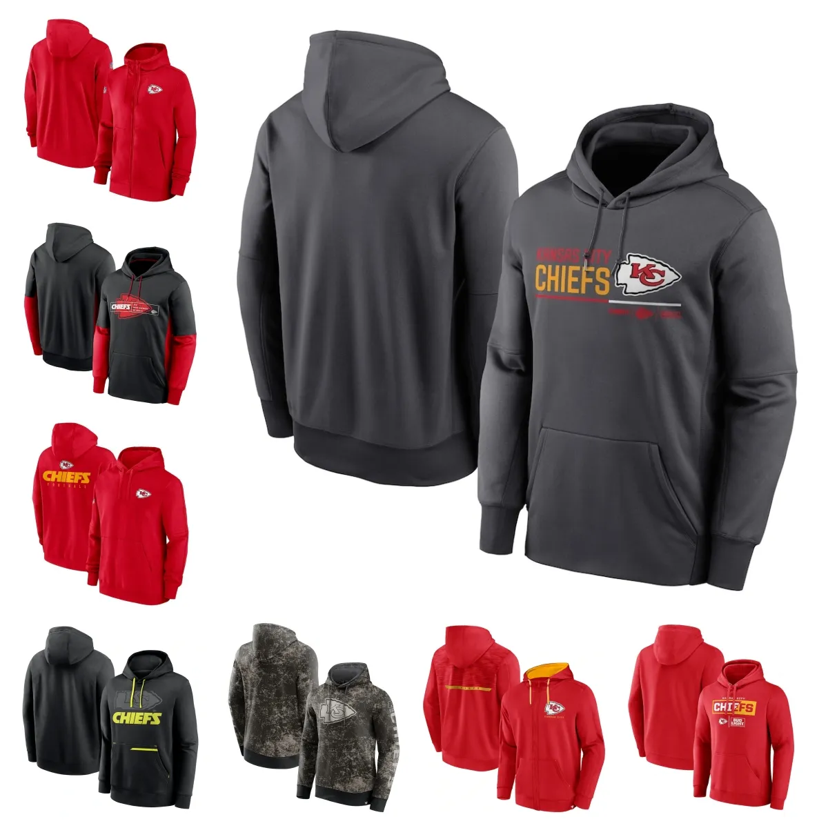 Kansas''City''Chiefs''Men Red Sideline Club Fleece Pullover Full-Zip Hoodie