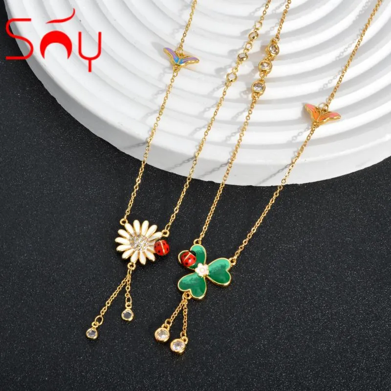 Pendentif Colliers Bijoux Ensoleillés Collier En Émail Daisy Coccinelle Feuille Trèfle Insecte Plante Glands Lucky Charm Cou Chaîne Accessoires De Mode