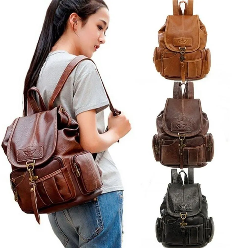 Retro Mode Frauen Schulter Rucksack Schwarz Braun PU Leder Handtasche Wasserdicht Wandern Reise Rucksack Personalisierte Gift258M