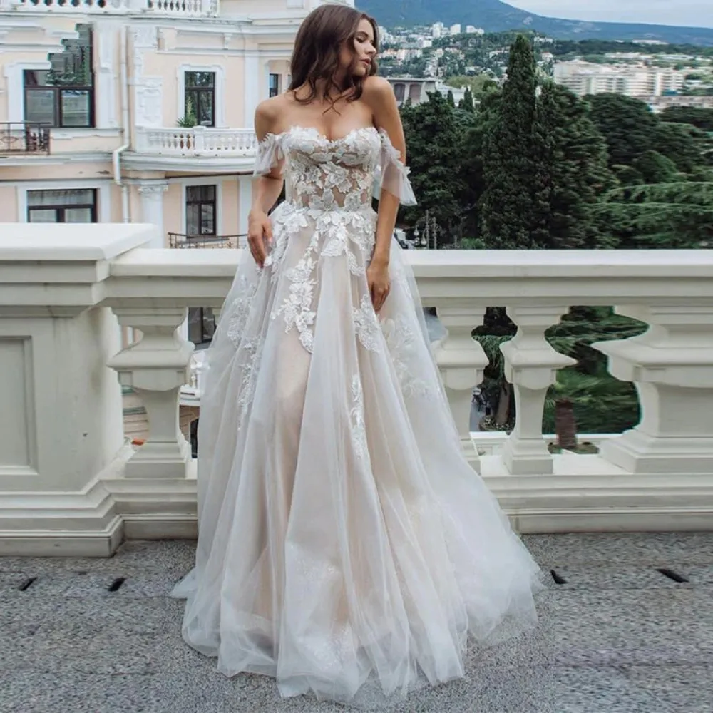 long sleeve lace wedding dress off the shoulder Off-Shoulder Satin Ball Gown Wedding Dress with Lace Sleeves – VW2570 –  Viniodress