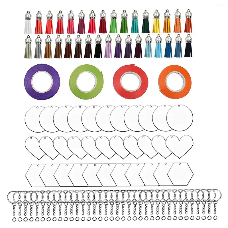 Porte-clés 148 pièces Kit de porte-clés en acrylique Incloud 36X (BlankTasselsKey Chain RingsJump Rings) 4 rubans pour l'artisanat