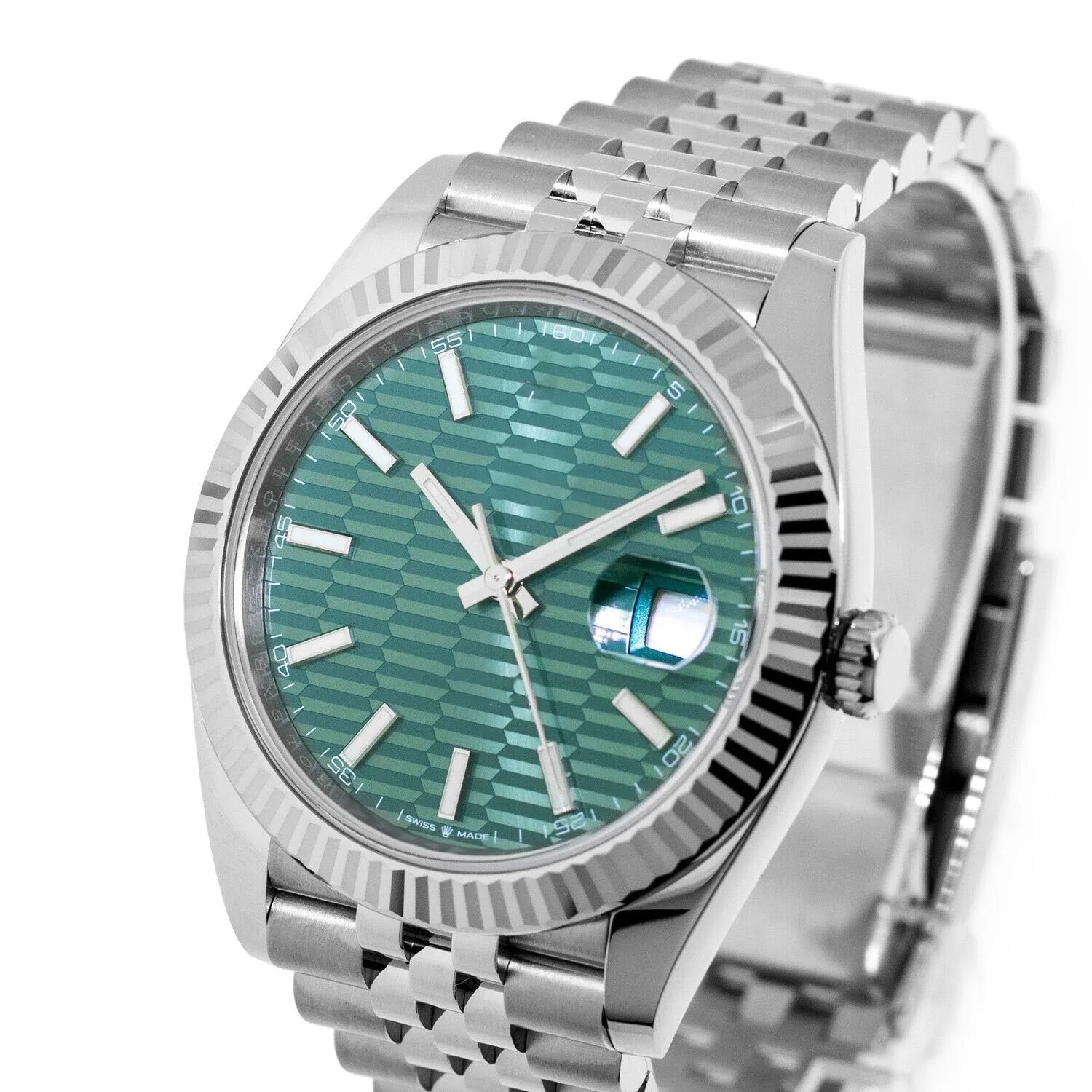 Relógio de pulso masculino de luxo Mecânico Automático nova pulseira de aço inoxidável safira à prova d'água Datejust 41mm Motivo Verde Índice Dial Ouro Branco Moldura Canelada 126334