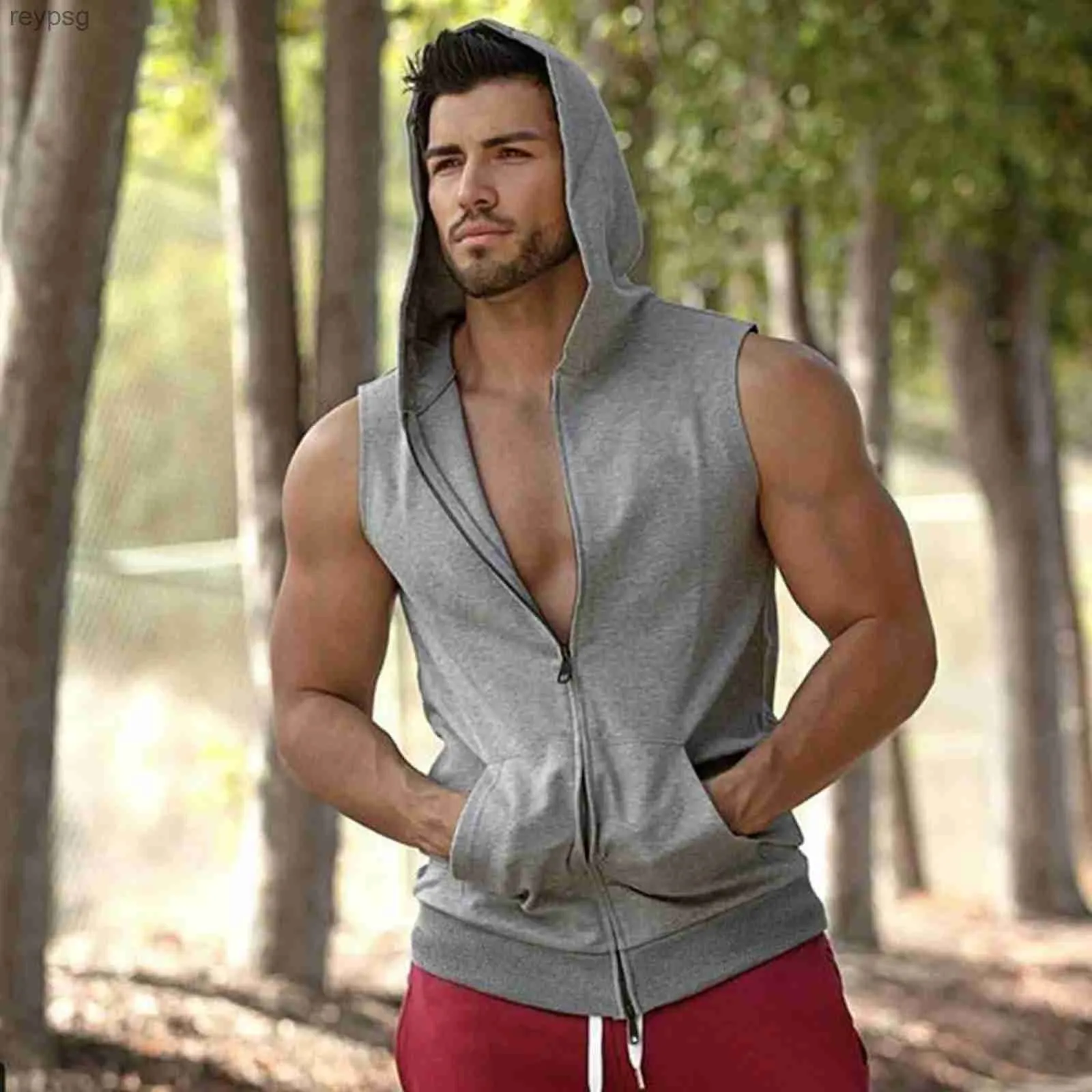 Men s Hooded Tank Tops Casual Fitness Double Zipper Sleeveless Vest for Bodybuilding Gym Workout Muscle Ropa Hombre