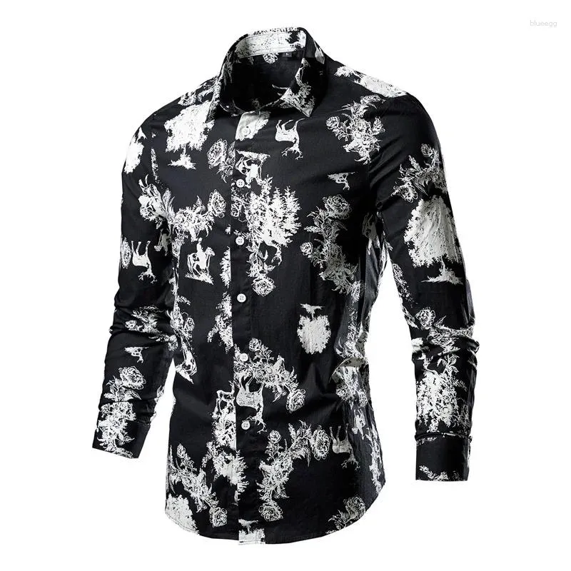 メンズカジュアルシャツ2024春の男性ヴィンテージフラワーズハワイアンボタンアップドレススリムフィット長袖ビーチストリートウェア服