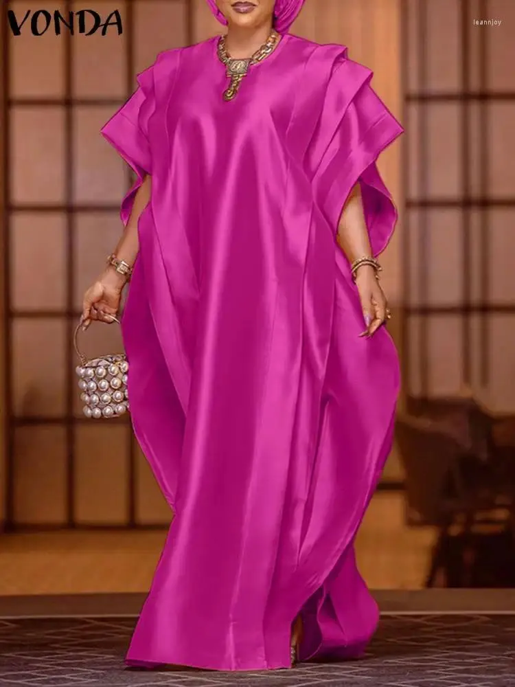 Casual Dresses VONDA Elegant Party Dress Women Satin Silk Maxi 2024 Loose Short Sleeve Solid Color Summer Vestido Femme Robe