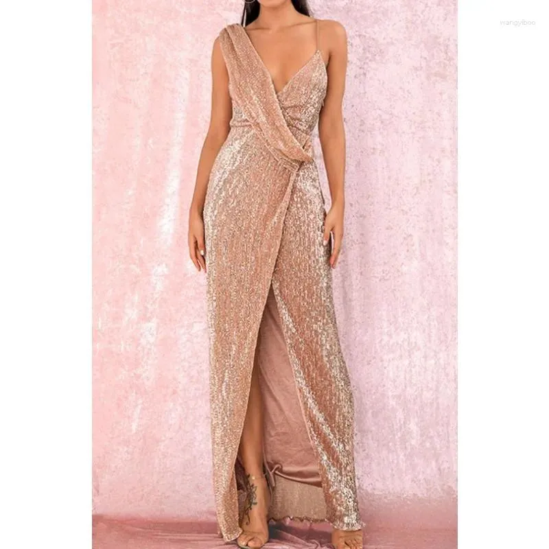 Casual Dresses 2024 Spring And Summer Banquet Design One Shoulder Sequined Gold Heavy Work Evening Dress For Women Fishtail Gown