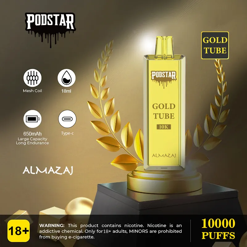 Europe Warehouse E Cigarett Kits Original Podstar Gold Tube 10K Puffs 18 ml Förspillad engångsvapsmaskspol 2% 5% styrka 650 mAh Batterityp C Uppladdningsbar