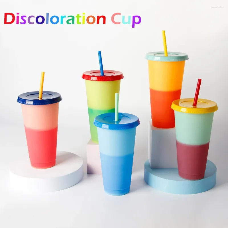 Bouteilles d'eau 710 ml Boisson Changer de couleur Tasses de paille avec couvercle Gobelet en plastique Mat Bouteille de café Tasse de qualité alimentaire PP