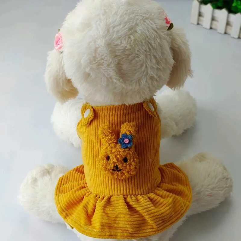 Dog Apparel Cute Corduroy Pet Clothes Lovely Plush Rabbit Puppy Kitten Skirt Pink Yellow Striped Suspenders Skirt For Small Dogs Chihuahua