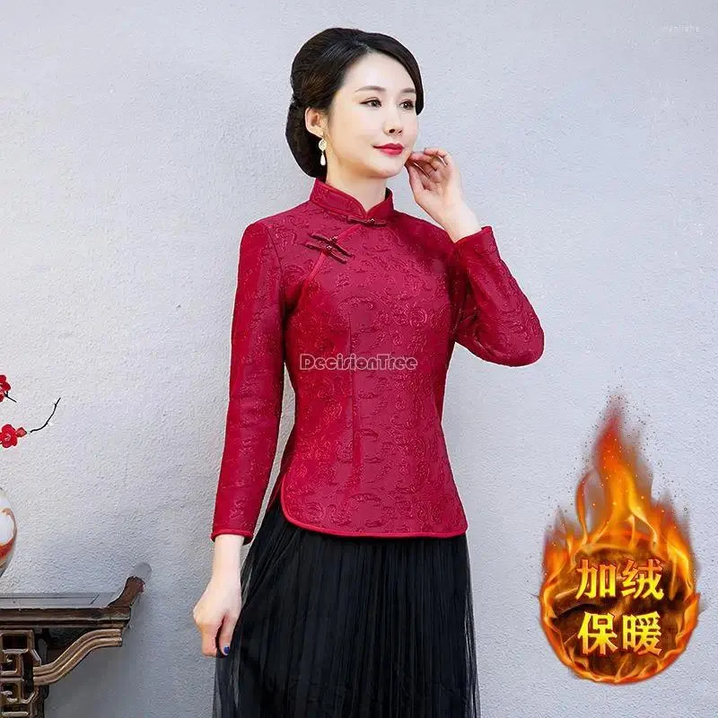 Vêtements ethniques 2024 Épaissi Hiver Chinois Rétro Cheongsam Top Slim Manches Longues Collier Jacquard Quotidien Femmes Élégant Qipao W79