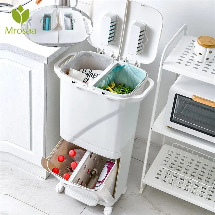 Kitchen Press Trash Can Sorting Trash Bin Household Dry And Wet Separation Waste Bin Pedal Classification Rubbish Bin with wheel Y312T