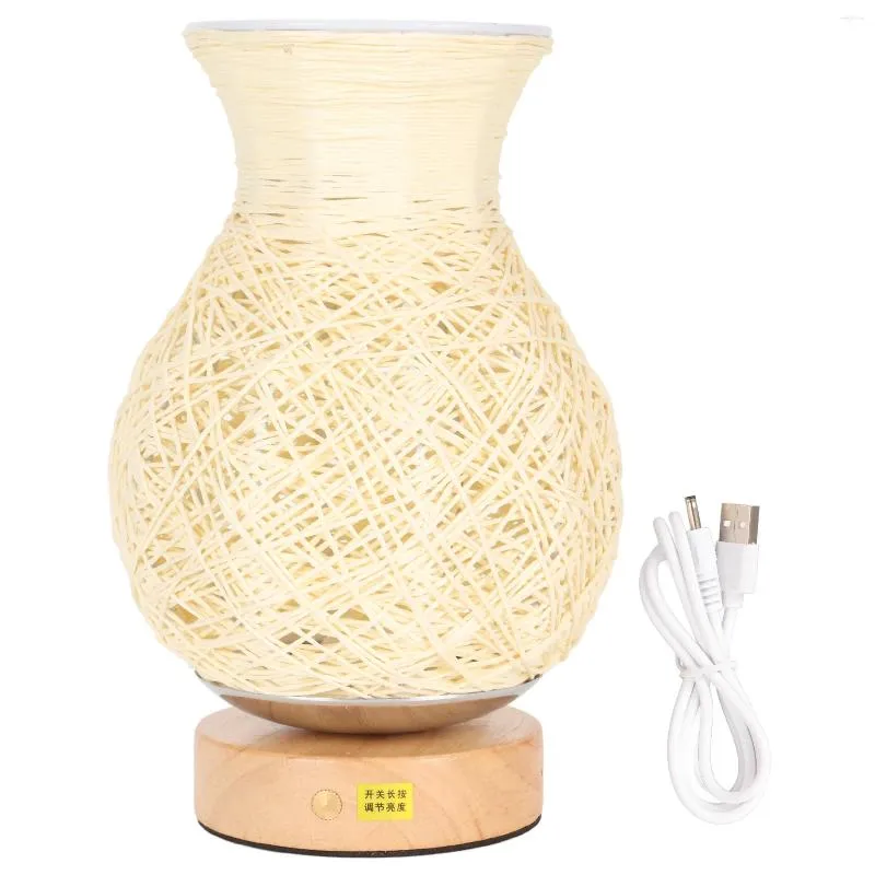 Lampes de table Vase en rotin Lampe de chevet Forme d'éclairage chaud 1600mAh Base en bois Gradation continue pour manger