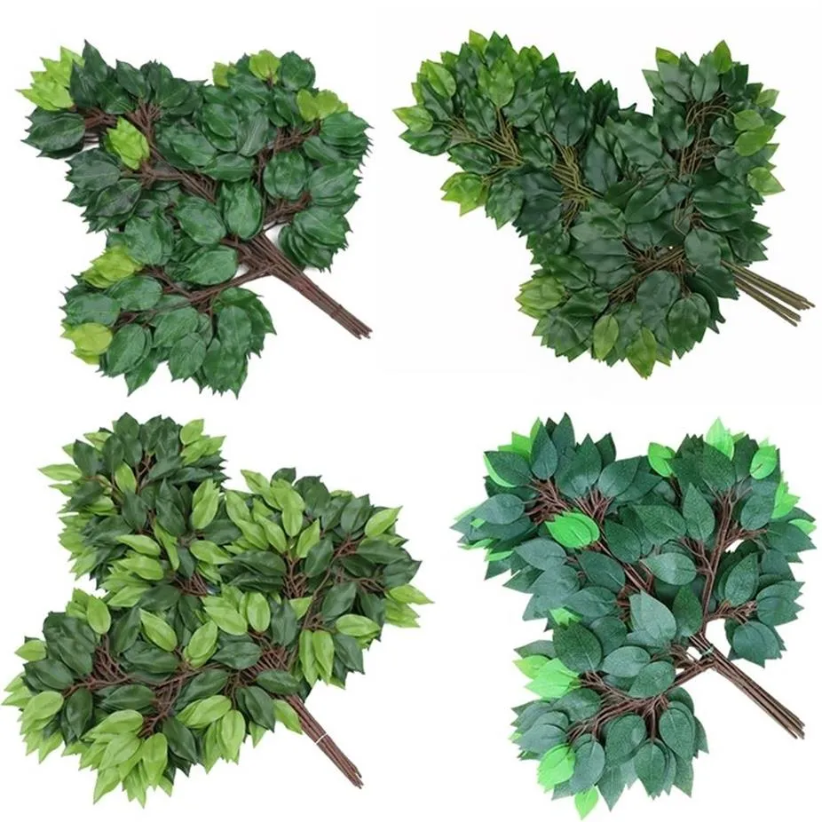 12 pièces décoration de feuilles artificielles fausses feuilles Branches d'arbre en plastique Simulation feuilles de banian pour la maison décoration de fête de mariage feuilles 20282C