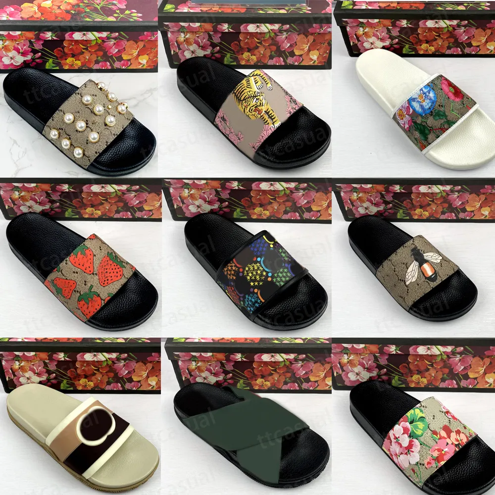 Designer Slides Femmes Homme Luxe Pantoufles Sandales Marque Sandales En Cuir Véritable Caoutchouc Flip Flop Appartements Floral Fleur Slide Summer Beach Casual Chaussures Taille 36-45