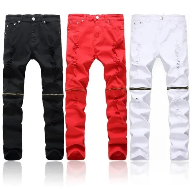 Jeans pour hommes 3 couleurs en détresse Denim Jeans élégant à la mode déchiré mode pantalon détruit en détresse maigre décontracté Streetwear