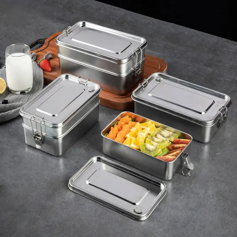 304 Stainless Steel Double-Layer Rectangle Lunch Box 6.5 × 2.36 in Food ...