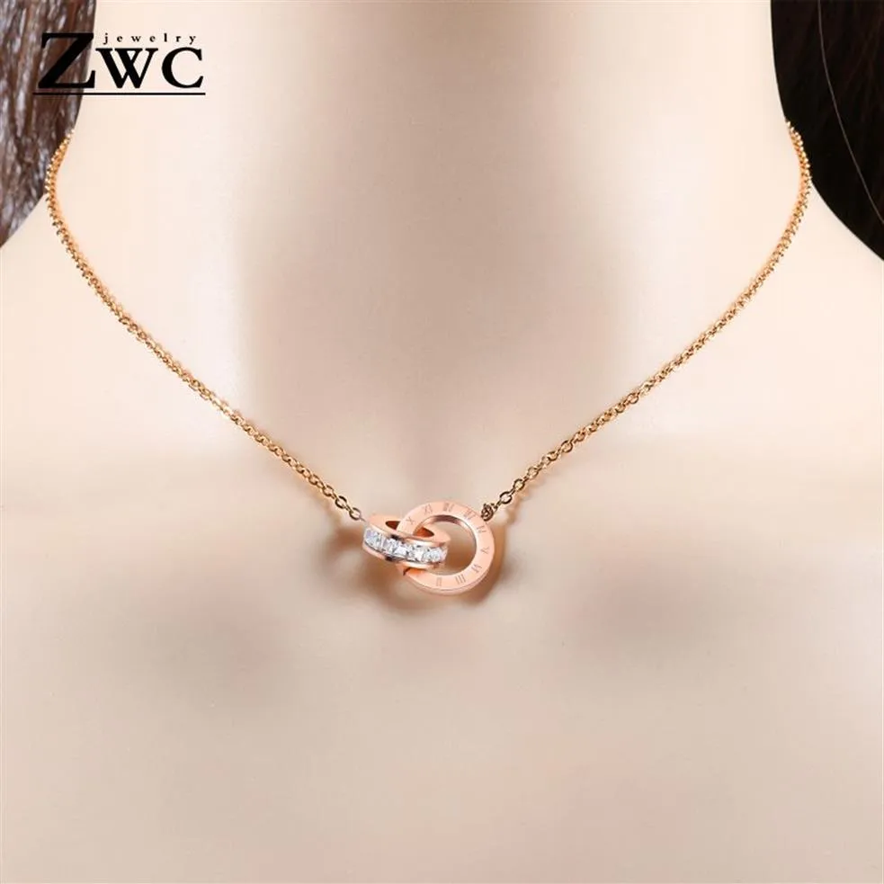 Zwc moda charme romano digital duplo círculo pingente colar para mulheres meninas festa titânio aço rosa ouro colares jóias254z
