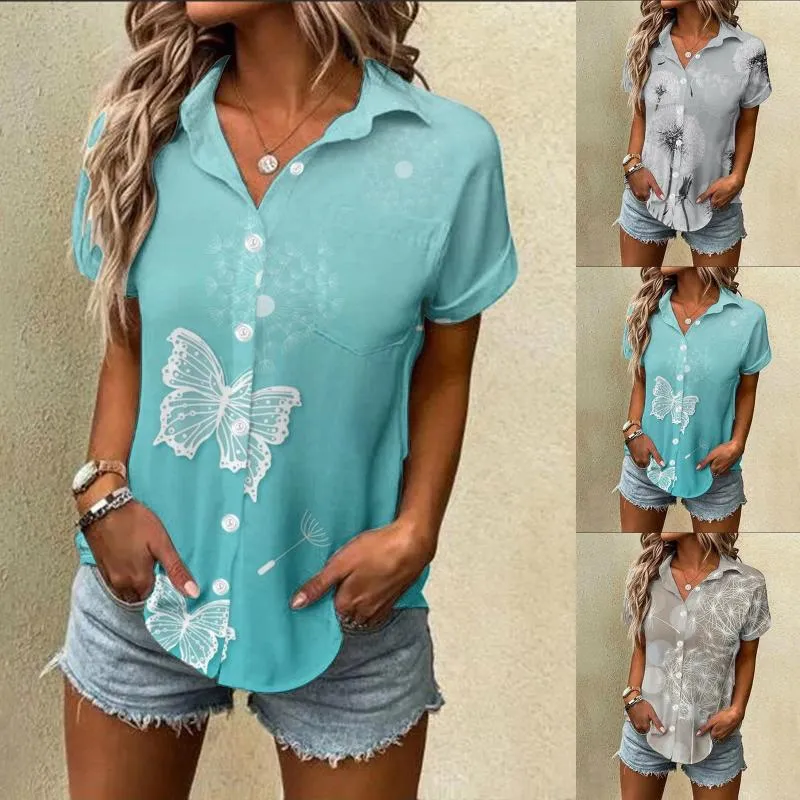 Camicette da donna Camicia a maniche corte con stampa a farfalla da donna Top con bottoni bavero Camicie da donna casual eleganti Blusas di alta qualità per le vacanze