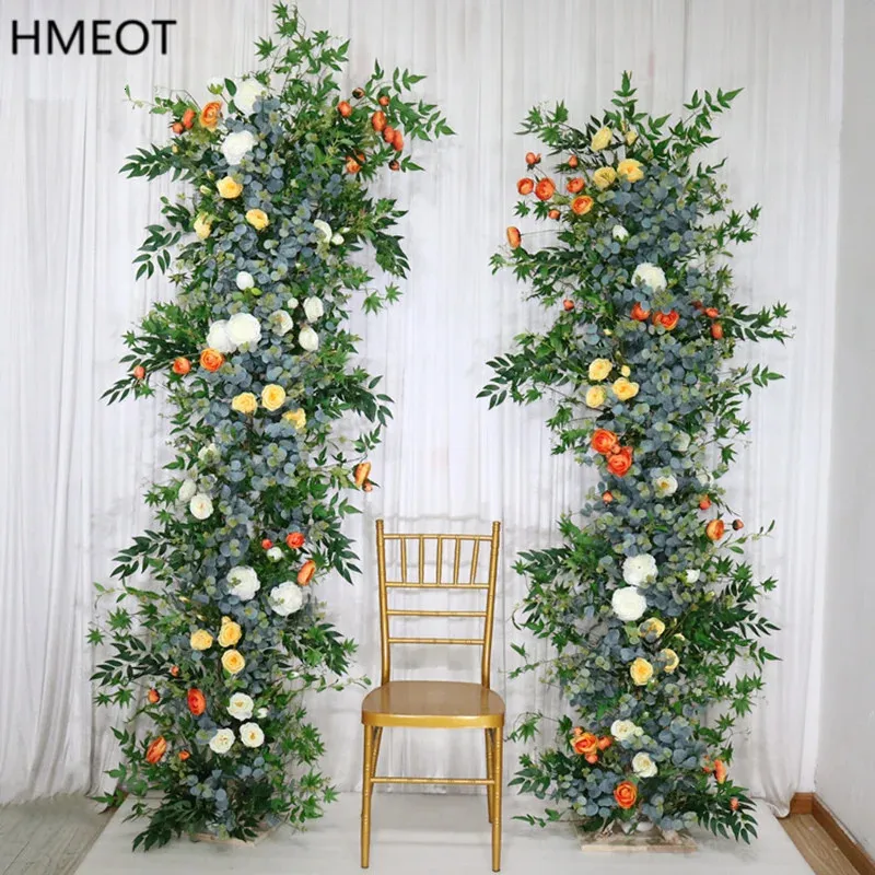 Eucalyptus Leaves Green Plants Rose Artificial Flower Row Wedding Backdrop Arch Floral Arrangement Party Table Runner Decor Prop 240127