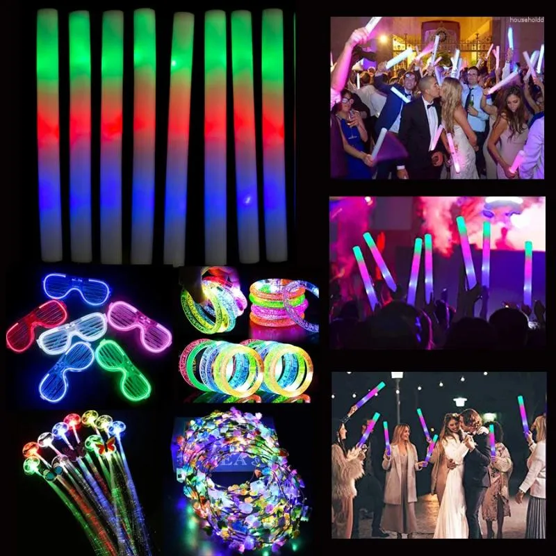 Party Decoration 15/30st Glow Sticks Foam LED STICK PALM BULK Glödande glasögon Lysande huvudbonadarmband för bröllopsmaterial