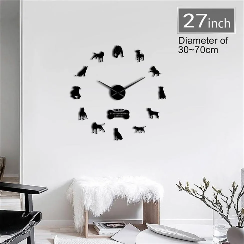 Pit Bull Decorative 3D DIY Wall American Staffordshire Terrier Fashion Home Clock With Mirror Numbers Stickers 201212190o