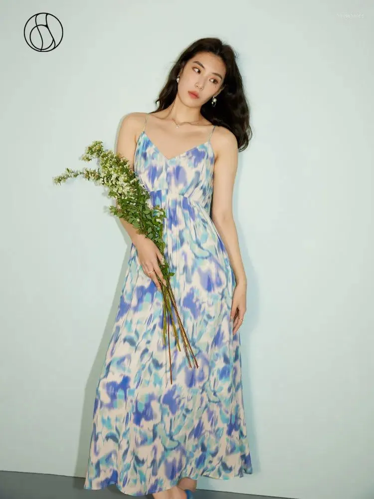 Casual Dresses Dushu Little Fresh Semester Style Halo Dye Printed Strap Dress Summer 2024 Slim Women Blue Boho