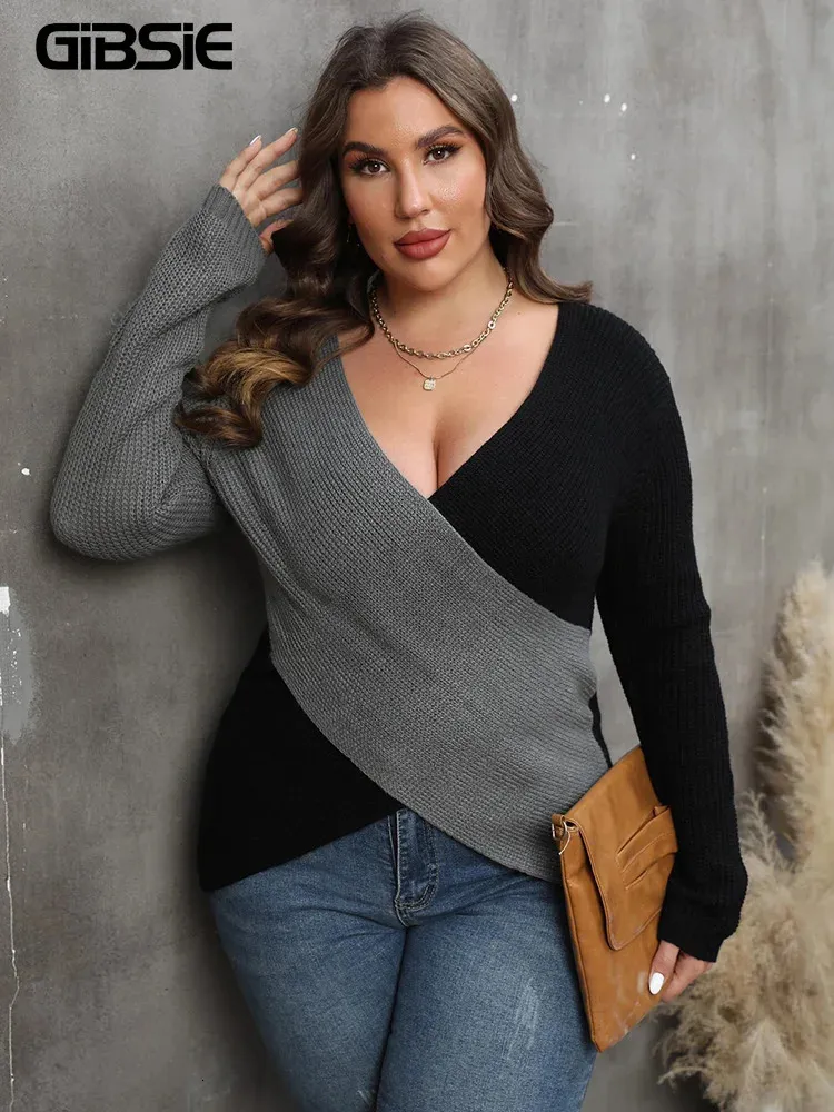 GIBSIE Plus Size Colour Blocking Deep V-Neck Sexy Sweater Women Autumn Winter Long Sleeve Office Ladies Knitted Jumper 240122