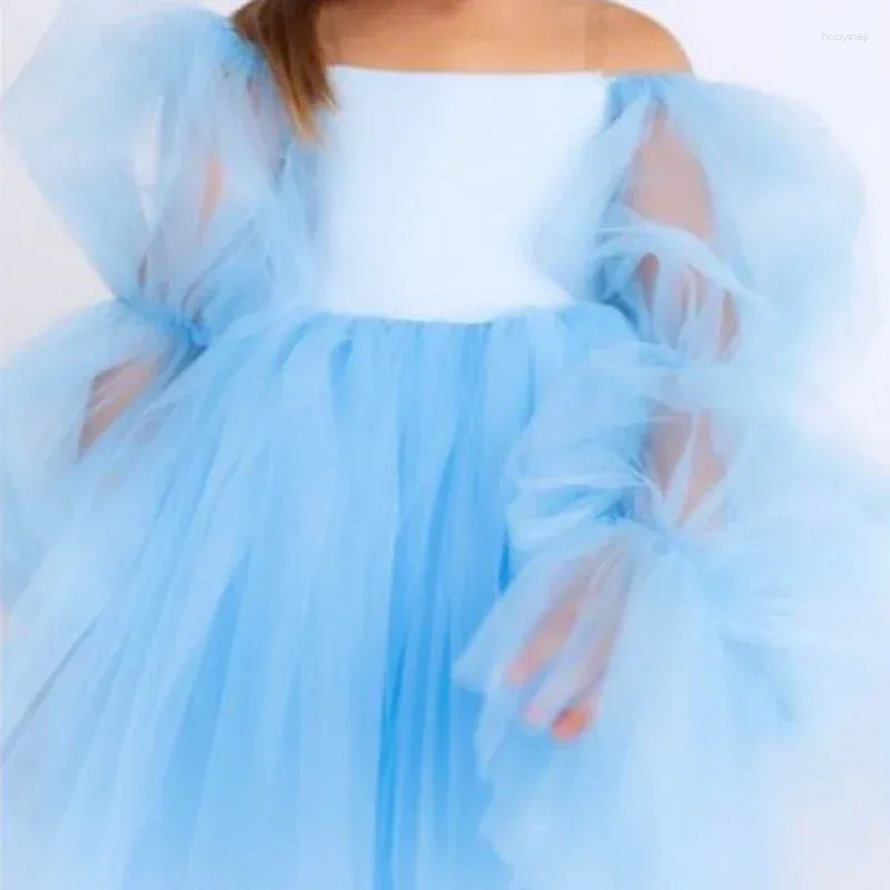 Mädchenkleider Hellblaues Blumenkleid mit langen Ärmeln für Hochzeit Prinzessin Puffy Geburtstag Erstkommunion Kleider