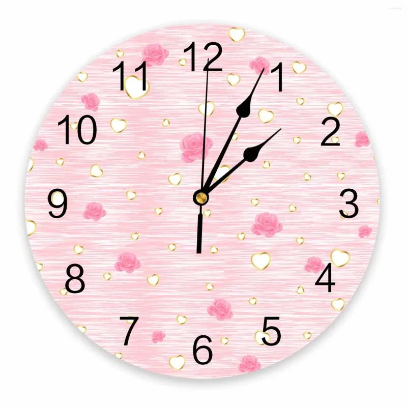 壁の時計バレンタインデーの愛バラのテクスチャーピンク印刷時計モダンなサイレントリビングルームホームデコレーションハンギングウォッチ